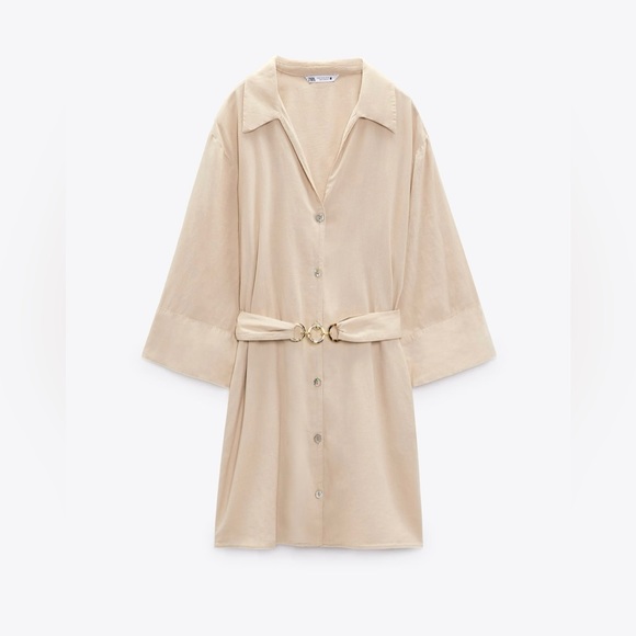 NWT Zara LINEN Blend CHAIN LINK Belt Shirt Dress Khaki/Beige Medium 3/4 Sleeves - Picture 3 of 9